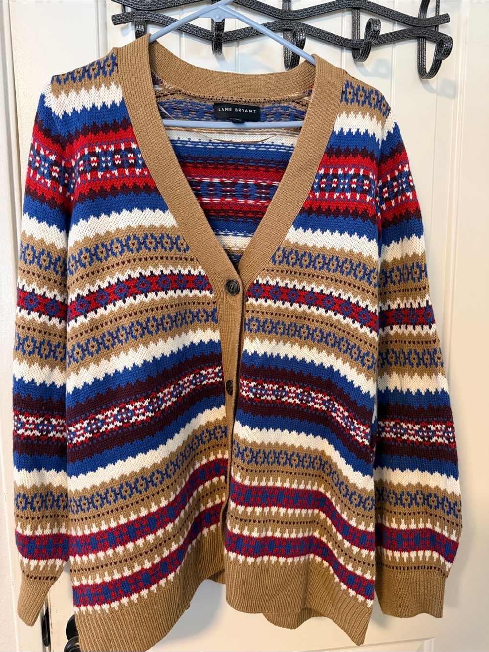 Lane Bryant Camel, Red & Blue Striped V-Neck Cardigan